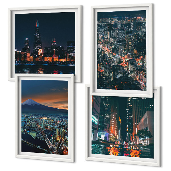 Ensemble de 4 tableaux Vue de la ville sur la montagne la nuit