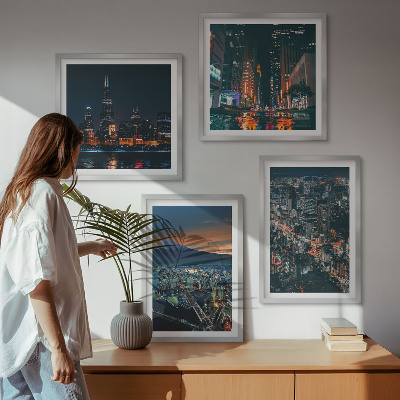 Ensemble de 4 tableaux Vue de la ville sur la montagne la nuit
