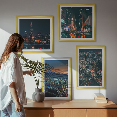 Ensemble de 4 tableaux Vue de la ville sur la montagne la nuit