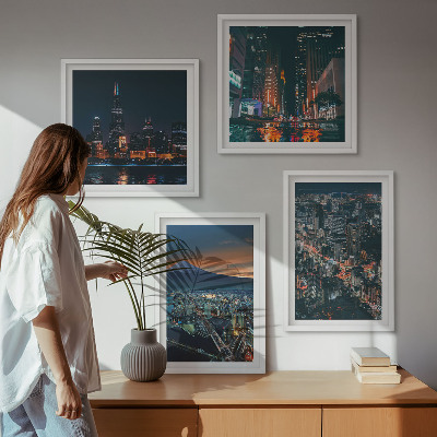 Ensemble de 4 tableaux Vue de la ville sur la montagne la nuit