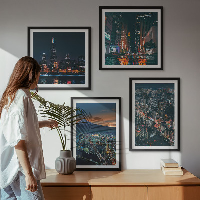 Ensemble de 4 tableaux Vue de la ville sur la montagne la nuit