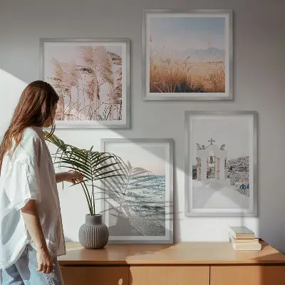 Polyptyque de 4 cadres représentant des plantes, des vagues, une vue et des maisons