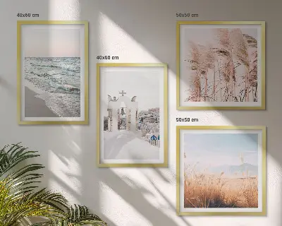 Polyptyque de 4 cadres représentant des plantes, des vagues, une vue et des maisons
