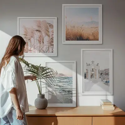 Polyptyque de 4 cadres représentant des plantes, des vagues, une vue et des maisons