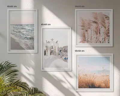 Polyptyque de 4 cadres représentant des plantes, des vagues, une vue et des maisons
