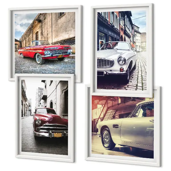 Voitures classiques en ville ensemble de 4 tableaux
