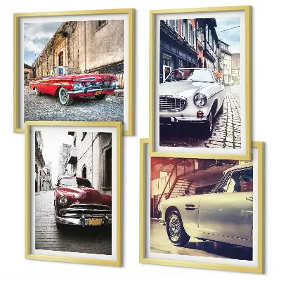 Voitures classiques en ville ensemble de 4 tableaux