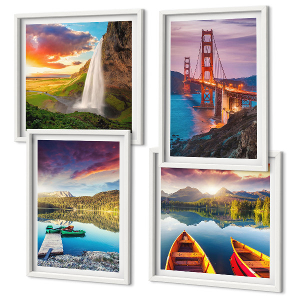 Ensemble de 4 tableaux Lacs de montagne bateaux ponts