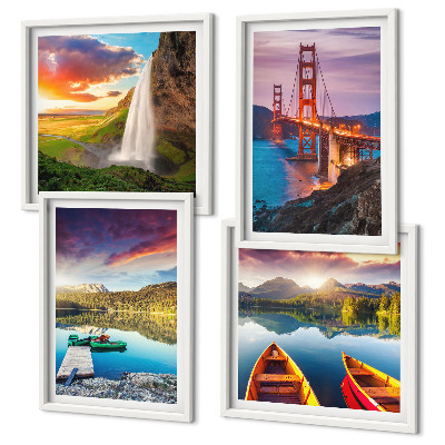 Ensemble de 4 tableaux Lacs de montagne bateaux ponts