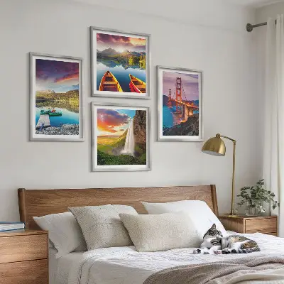 Ensemble de 4 tableaux lacs de montagne avec bateaux et ponts
