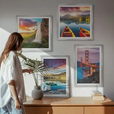 Ensemble de 4 tableaux lacs de montagne avec bateaux et ponts