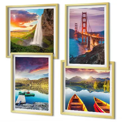 Ensemble de 4 tableaux lacs de montagne avec bateaux et ponts