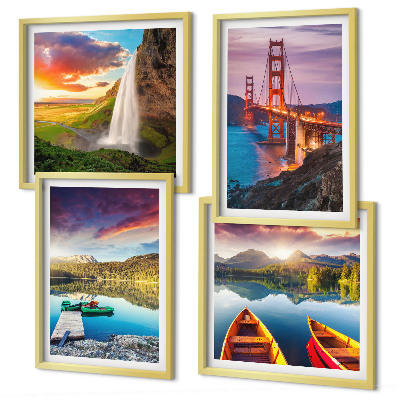 Ensemble de 4 tableaux Lacs de montagne bateaux ponts