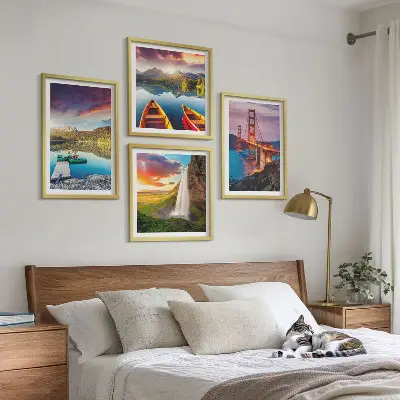 Ensemble de 4 tableaux lacs de montagne avec bateaux et ponts