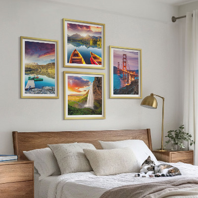 Ensemble de 4 tableaux Lacs de montagne bateaux ponts