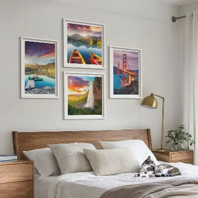 Ensemble de 4 tableaux lacs de montagne avec bateaux et ponts