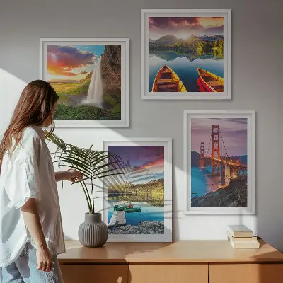 Ensemble de 4 tableaux lacs de montagne avec bateaux et ponts