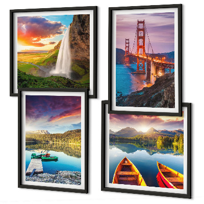 Ensemble de 4 tableaux Lacs de montagne bateaux ponts