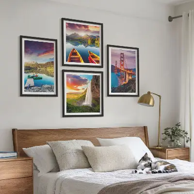 Ensemble de 4 tableaux lacs de montagne avec bateaux et ponts