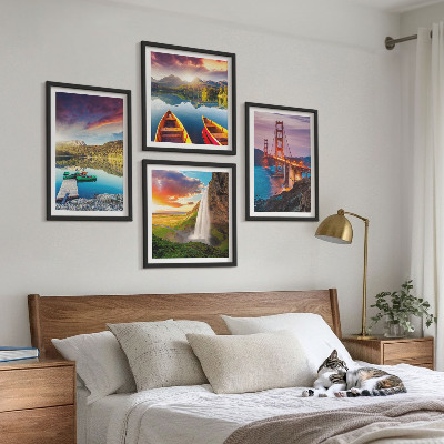 Ensemble de 4 tableaux Lacs de montagne bateaux ponts