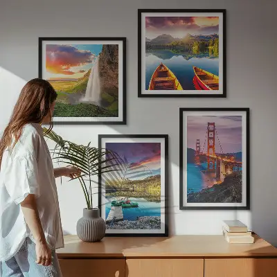 Ensemble de 4 tableaux lacs de montagne avec bateaux et ponts