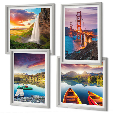 Ensemble de 4 tableaux Lacs de montagne bateaux ponts