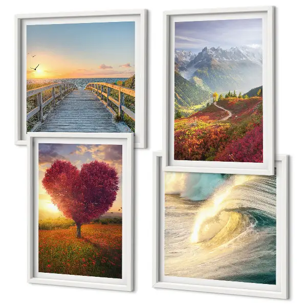 Mur de tableaux paysages de montagnes, vagues, arbre, cœur et jetée