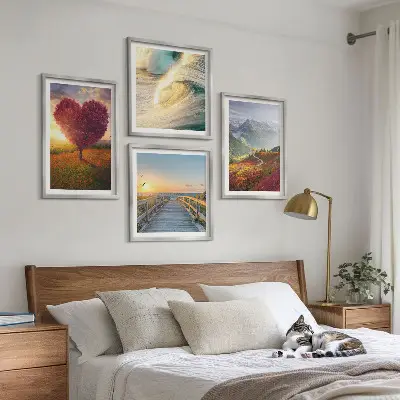 Mur de tableaux paysages de montagnes, vagues, arbre, cœur et jetée