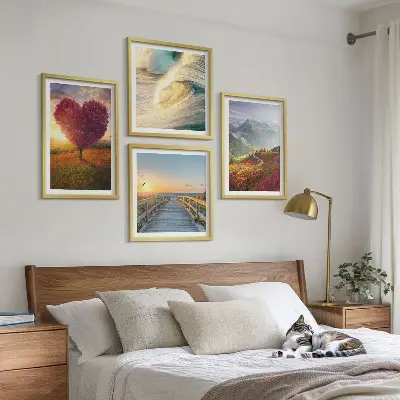 Mur de tableaux paysages de montagnes, vagues, arbre, cœur et jetée