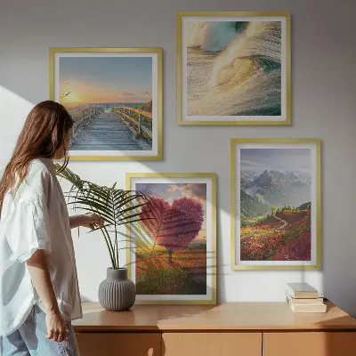 Mur de tableaux paysages de montagnes, vagues, arbre, cœur et jetée
