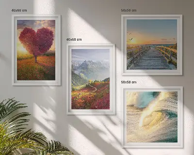 Mur de tableaux paysages de montagnes, vagues, arbre, cœur et jetée