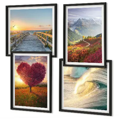 Mur de tableaux paysages de montagnes, vagues, arbre, cœur et jetée