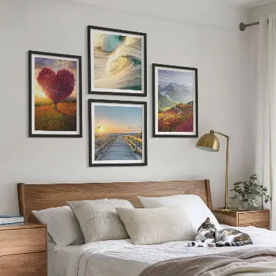Mur de tableaux paysages de montagnes, vagues, arbre, cœur et jetée