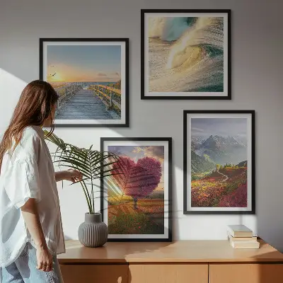 Mur de tableaux paysages de montagnes, vagues, arbre, cœur et jetée