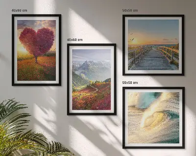 Mur de tableaux paysages de montagnes, vagues, arbre, cœur et jetée