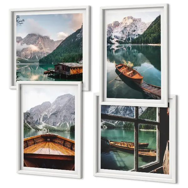 Ensemble de 4 tableaux représentant un lac, des montagnes, des bateaux et un chalet vue de la fenêtre