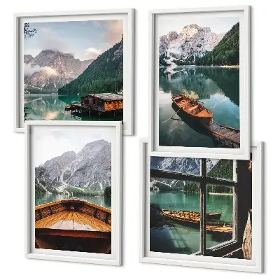 Ensemble de 4 tableaux représentant un lac, des montagnes, des bateaux et un chalet vue de la fenêtre