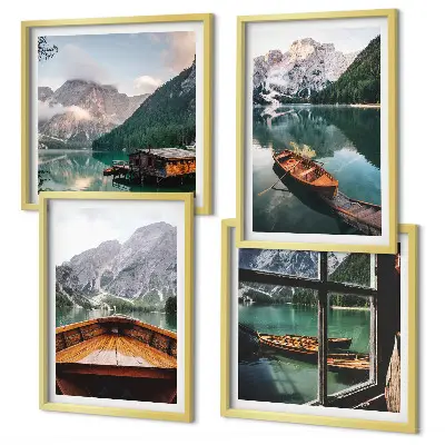 Ensemble de 4 tableaux représentant un lac, des montagnes, des bateaux et un chalet vue de la fenêtre