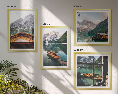 Ensemble de 4 tableaux Lac, montagnes, bateaux, chalet, fenêtre