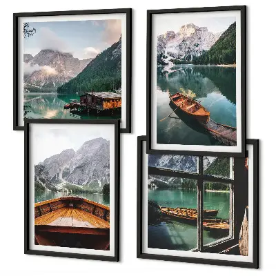 Ensemble de 4 tableaux représentant un lac, des montagnes, des bateaux et un chalet vue de la fenêtre