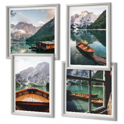 Ensemble de 4 tableaux Lac, montagnes, bateaux, chalet, fenêtre