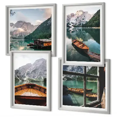 Ensemble de 4 tableaux représentant un lac, des montagnes, des bateaux et un chalet vue de la fenêtre