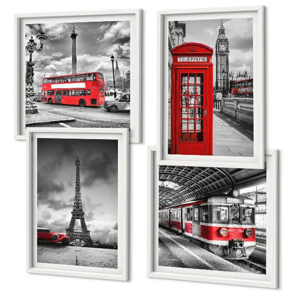 Mur de tableaux villes emblématiques avec Londres, Paris et le chemin de fer