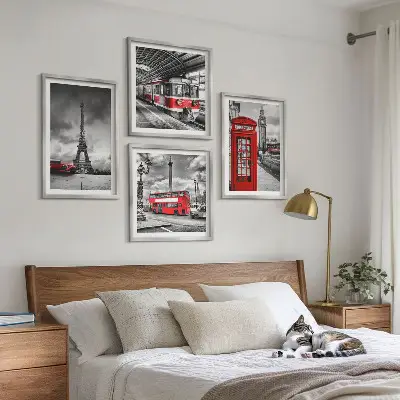 Mur de tableaux villes emblématiques avec Londres, Paris et le chemin de fer