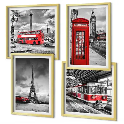 Mur de tableaux villes emblématiques avec Londres, Paris et le chemin de fer