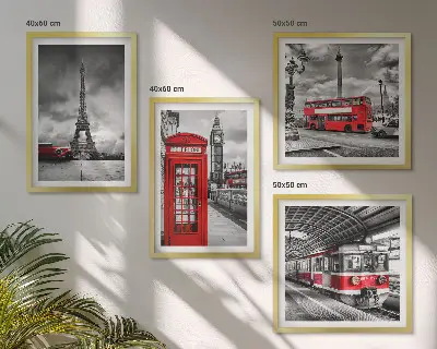 Mur de tableaux villes emblématiques avec Londres, Paris et le chemin de fer