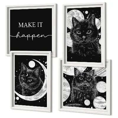 Polyptyque de 4 cadres représentant des chats noirs, la lune et une planète