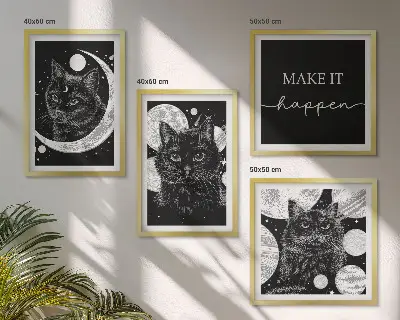 Polyptyque de 4 cadres représentant des chats noirs, la lune et une planète