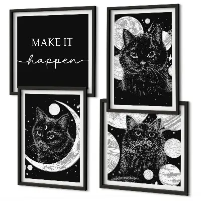 Polyptyque de 4 cadres représentant des chats noirs, la lune et une planète