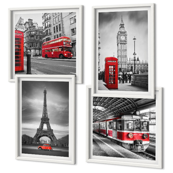 Ensemble de 4 tableaux Bus rouges en ville